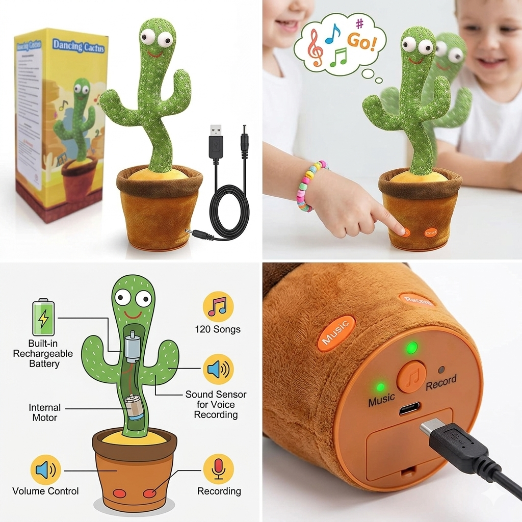 Talking & Dancing Cactus Plush Toy with USB Charging - Image 3