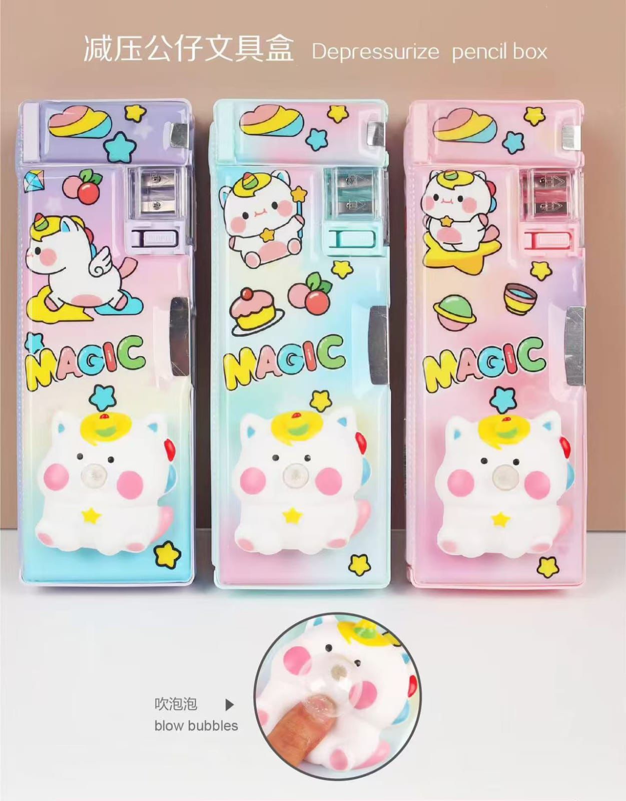 Depressurize pencil box with blow bubbles