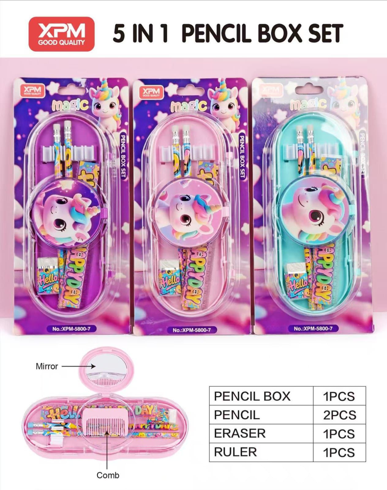 High quality, five in one pencil box set with mirror and comb