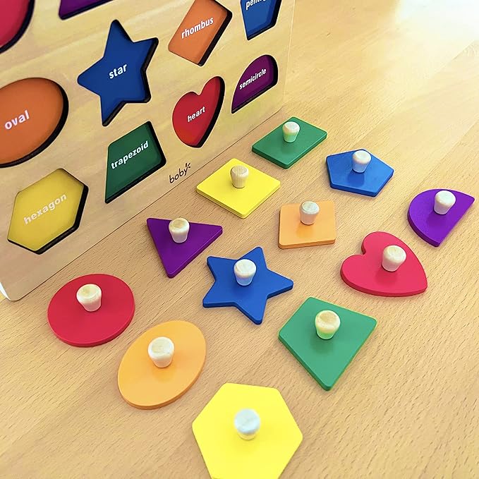 Wooden Geometric Shape Sorting Puzzle with Easy-Grip Pegs