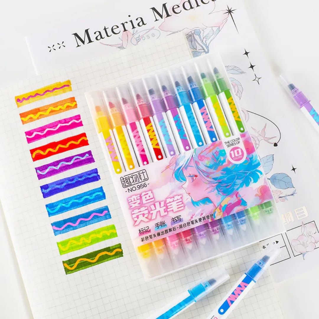 Color Changing Fluorescent Dual Sided Highlighter Pen Set