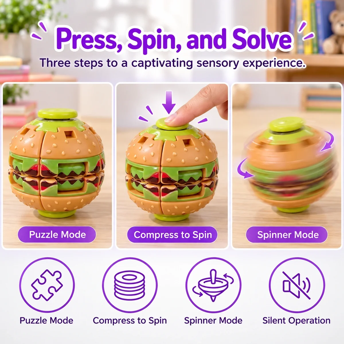 Burger 3D Printed Press Fidget Spinner Toy Ball