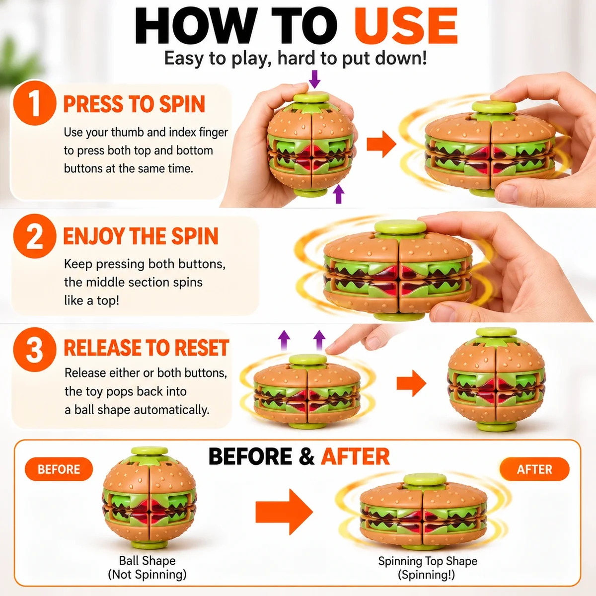 Burger 3D Printed Press Fidget Spinner Toy Ball