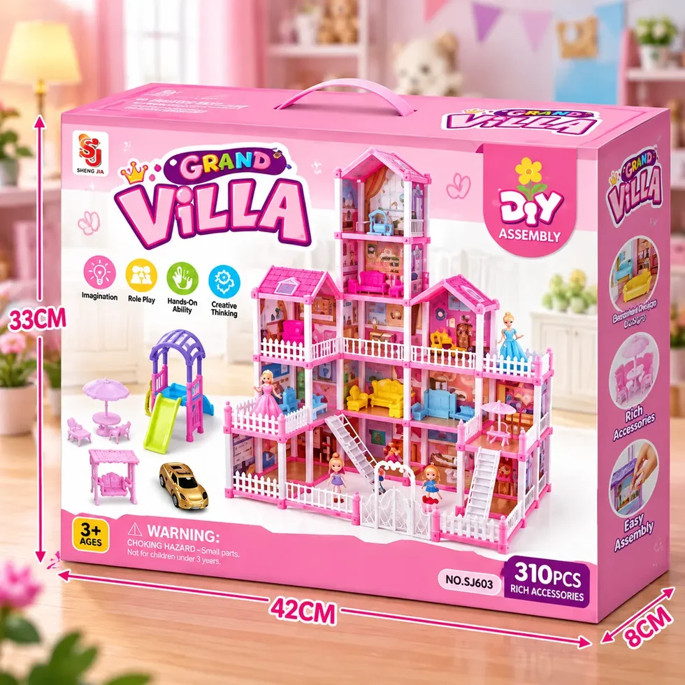 DIY Grand Villa Pink Dollhouse Playset