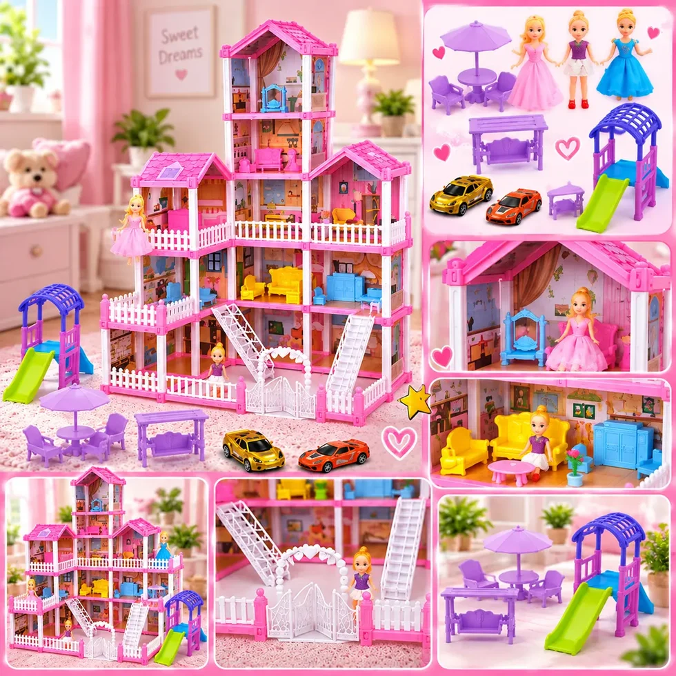 DIY Grand Villa Pink Dollhouse Playset
